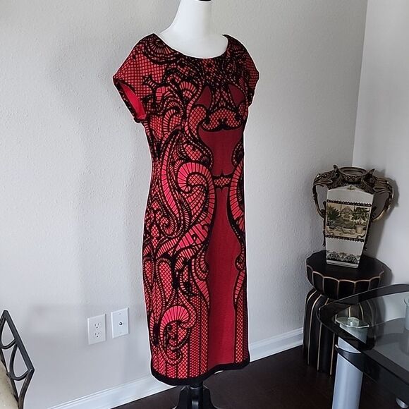 Worthington Midi Dress Red/ Black Velvet Lace Print - Picture 4 of 16